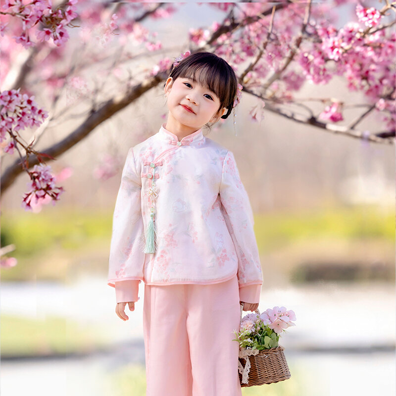 Vestido Hanfu estilo chinês para meninas, vestidos de festa, jaqueta de ombro, traje antigo, roupas primavera