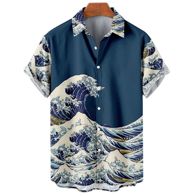 Neue Vintage japanische Sea Wave Herren hemden Revers Streetwear Shirt für Männer Straße Kurzarm Top Sommer Männer Hawaii Shirt
