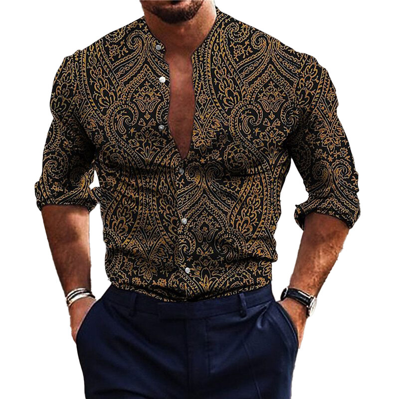 Stylish Casual Daily Shirt Band Collar Button Down Casual Dress Up Fitness Long Sleeve Mens Muscle Printed Male