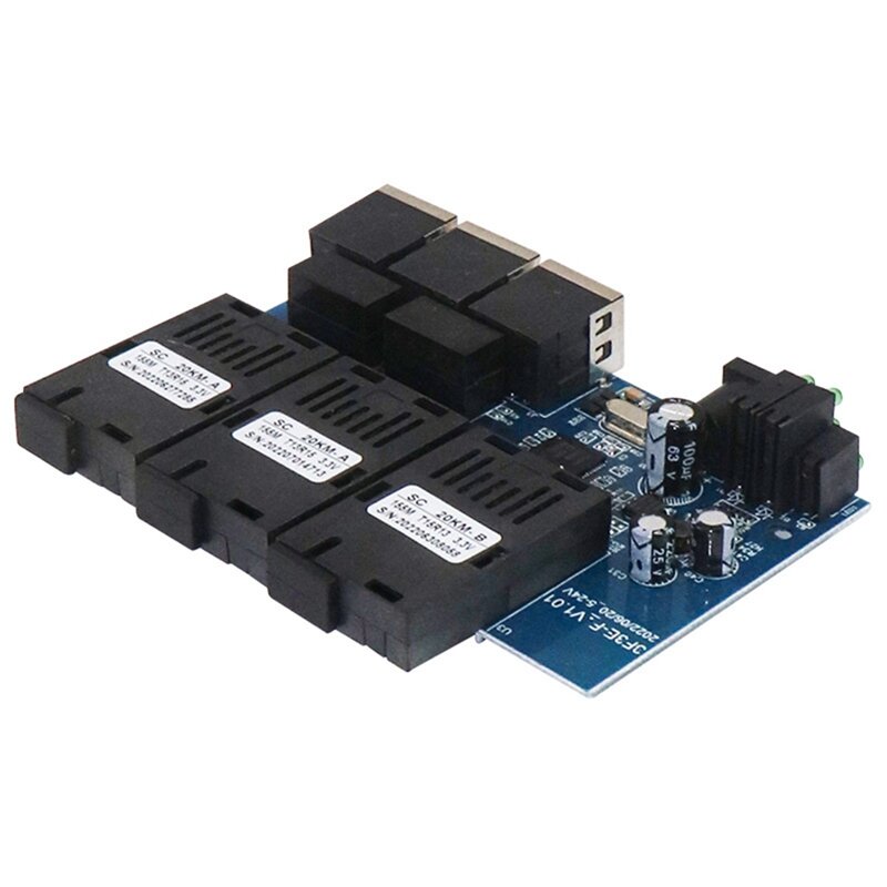 Ethernet Fibra Óptica Media Converter, 100M, 3 RJ45 Suporte RPOE, Simplex SC Fiber Switch, PCBA Board, 20km, 3