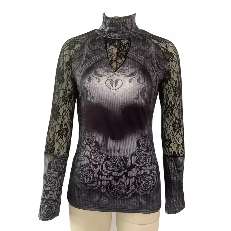Cool Summer Women Fashion Turtle Neck Skull & Flower Print T-Shirt Gothic Hollow Long Sleeve Versatile Personality Y2k Lady Tops