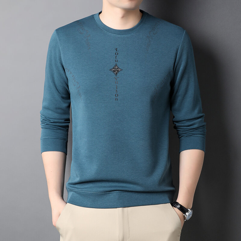 Pullover leher bulat bergaya untuk pria di musim semi, kaus warna Solid untuk pakaian kasual