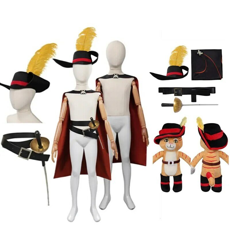 Adulto/bambini Puss Cos in stivali Cosplay mantello cappello cintura Costume Accessoreis abiti Halloween Carnival Party Suit