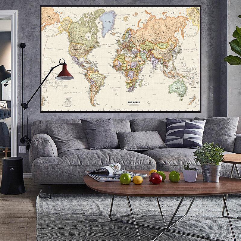 225*150 The World Map Detailed Picture Vintage Wall Art Poster Non-woven Canvas Painting School Office Home Decoration