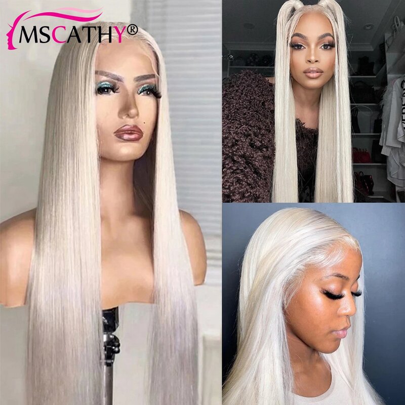 Perruque Lace Front Wig lisse brésilienne naturelle, cheveux humains, blond blanc, 13x4x1, 30 pouces, pre-plucked, pour femmes