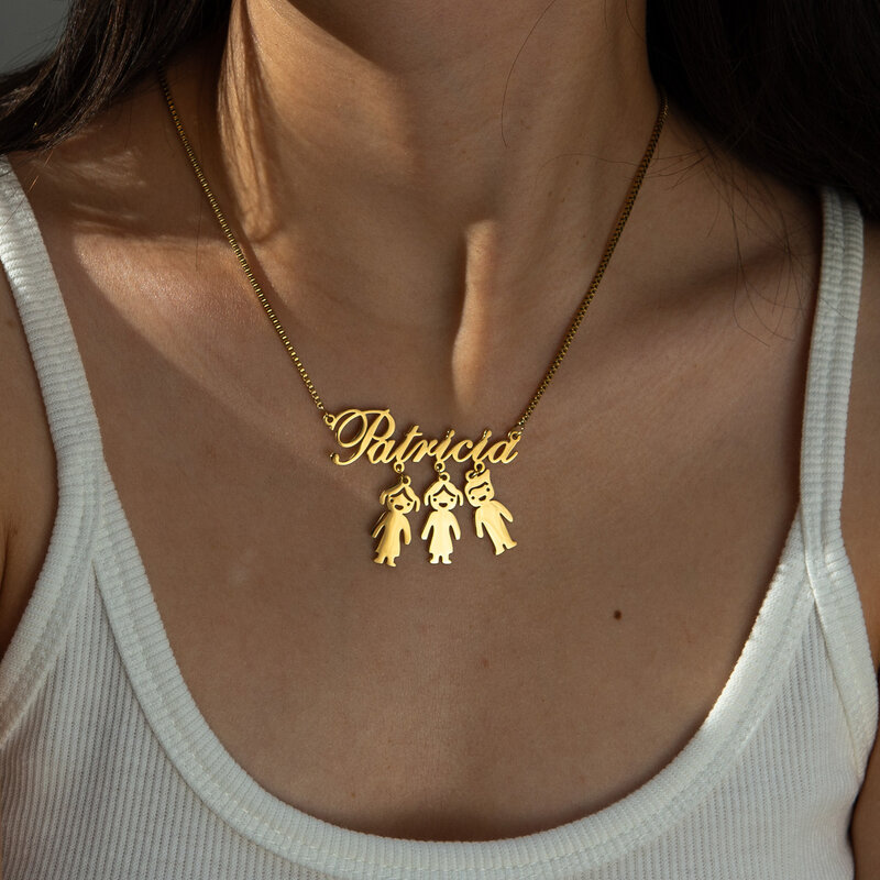 Akizoom personalisasi nama khusus kalung keluarga Choker baja nirkarat perhiasan untuk wanita kotak rantai anak laki-laki hadiah Hari Ibu