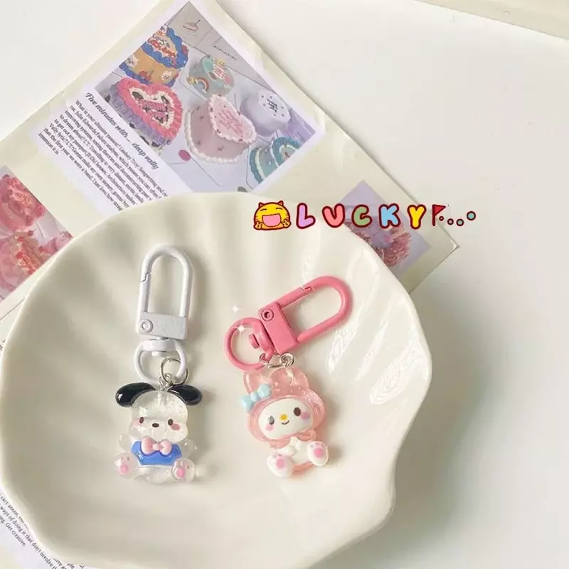 Anime Hello Kittys Transparent Fine Flashing Keychain Cartoon Jade Dog Kuromis Melodys Bag Pendant Cute Accessories Gift