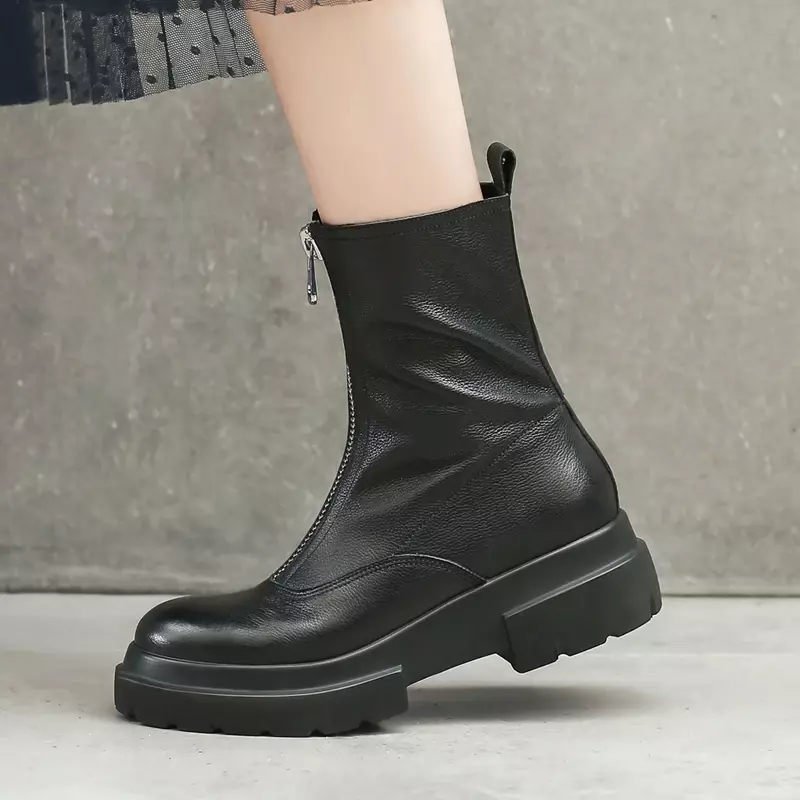 Women Genuine Leather Boots fashion Handmade cow leather patent leather short boots Front zipper platform short boots Tube circ