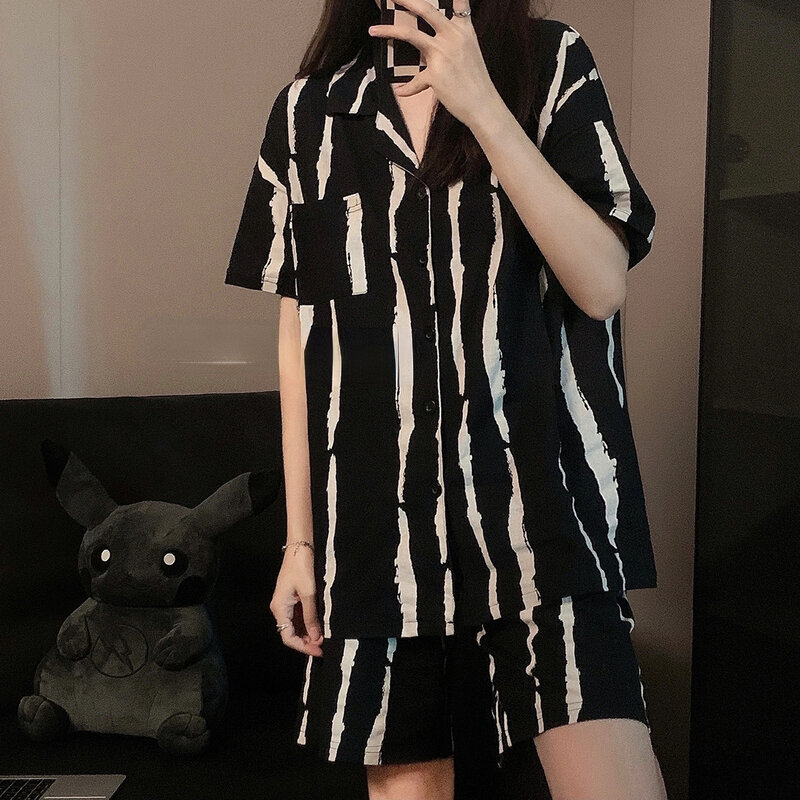 2022 Summer New Forty Korean Striped Cotton Pajamas Women Black Short-sleeved Light Luxury Suits Home Wear Boutique Clothing