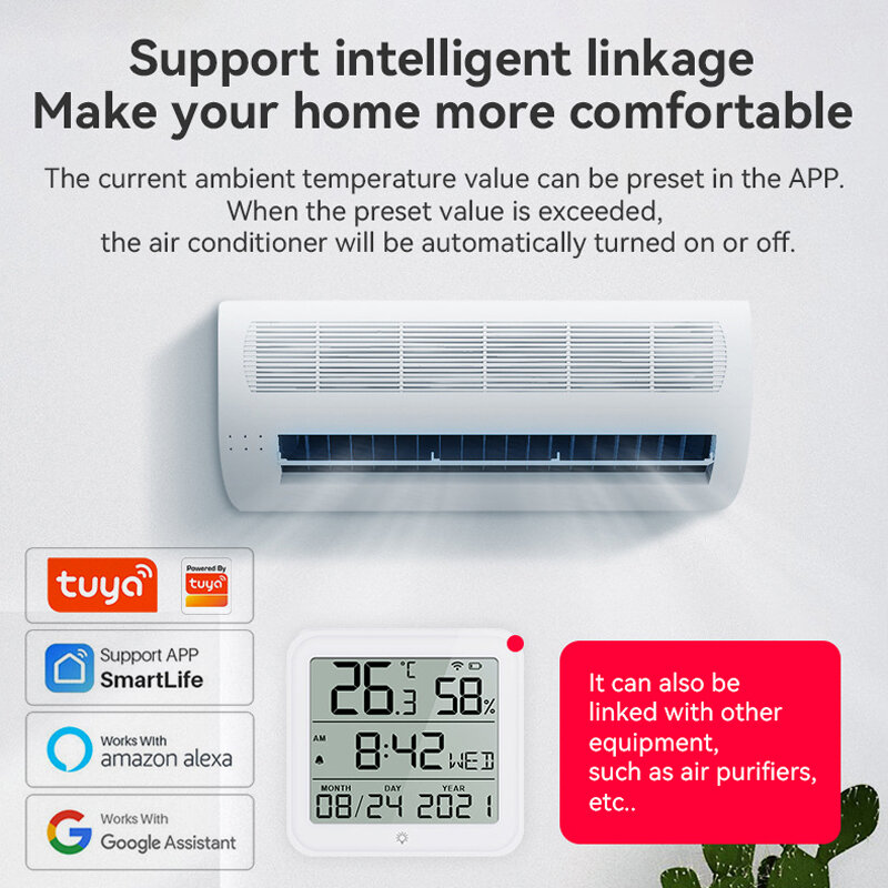 Датчик температуры и влажности Tuya, Умный домашний термометр с Wi-Fi и часами 24 часа, с поддержкой Alexa и Google Voice