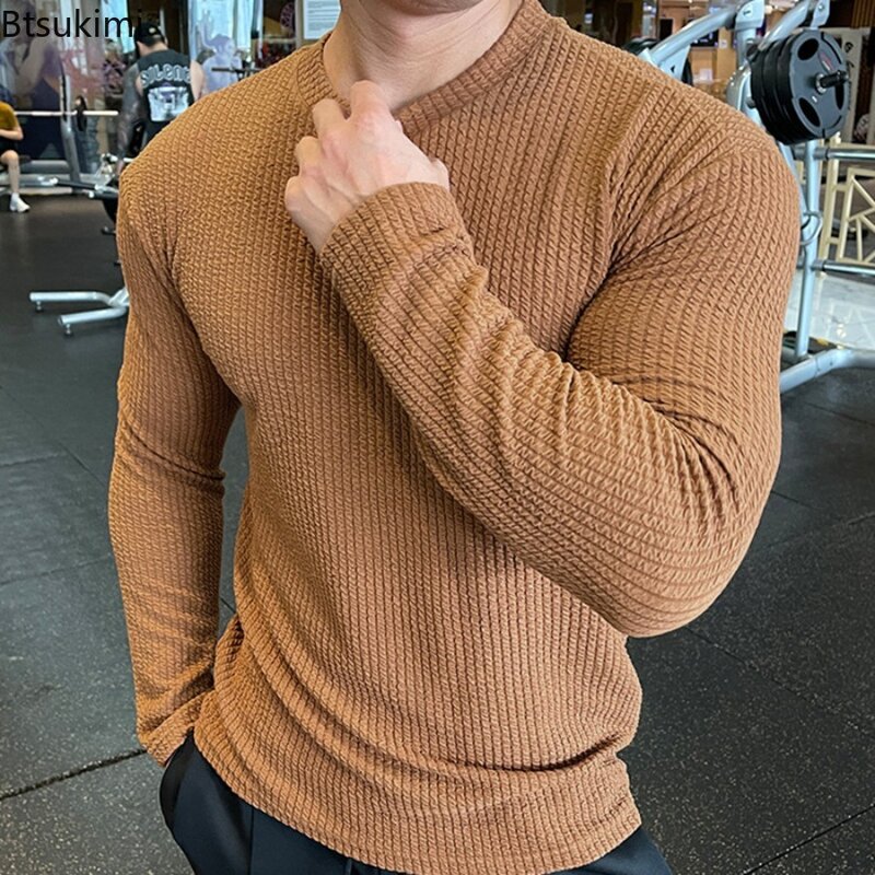 2024 Men's Casual  Long Sleeve Knitted Pullovers O-Neck Solid Daily Sport T-shirts Simple Knit Tops Men's Bottoming Shirts Top