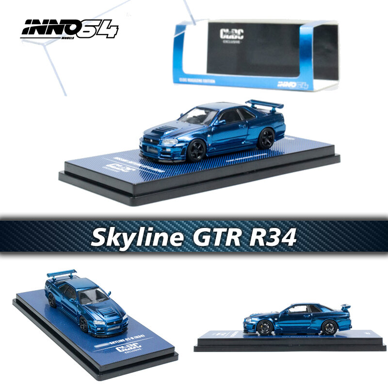 INNO-Modèle de voiture Skyline GTR R34 Diorama, bleu carbone, Chine limitée, moulé sous pression, en stock, 1:64