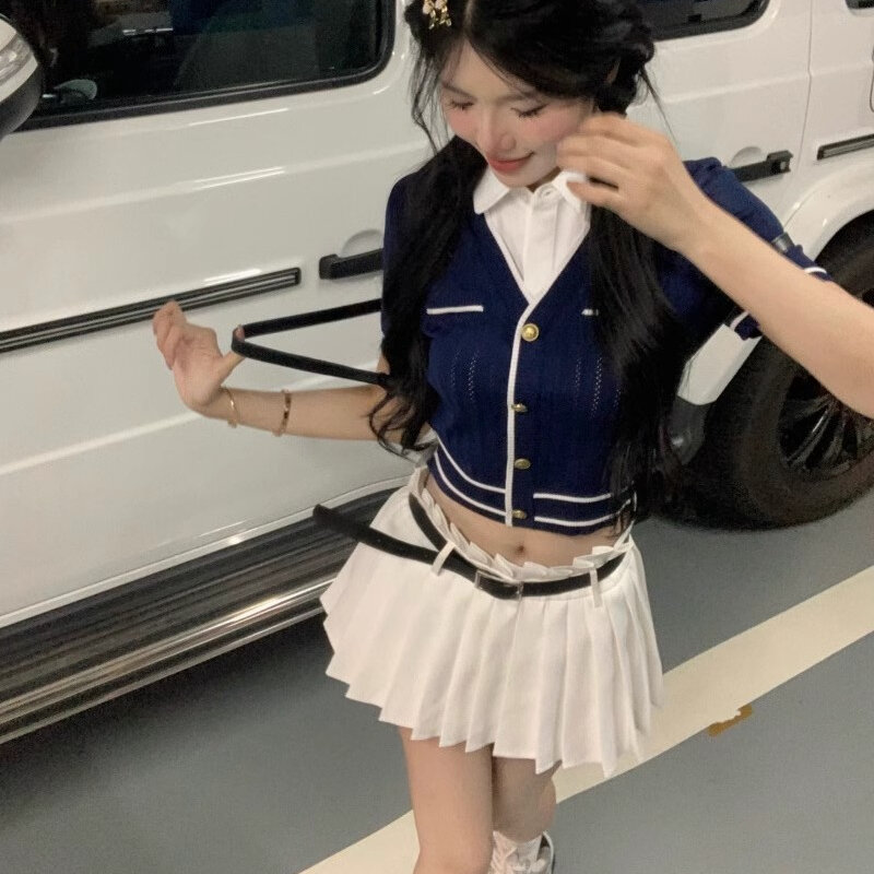 Midriff-Baring Jacken für Frauen gefälschte zweiteilige All-Match-Preppy-Stil japanische einreihige Knopf gestrickte Streetwear Sommer