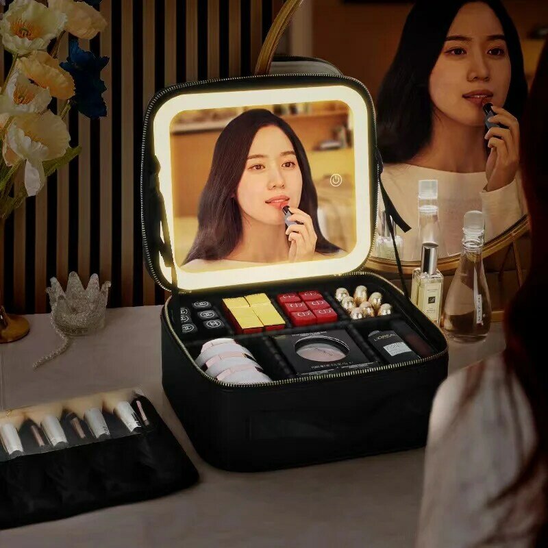 Tas Kosmetik Ringan LED Wanita Casing Kosmetik Cermin Tas Makeup Travel Portabel Kapasitas Besar PU Mewah untuk Wanita