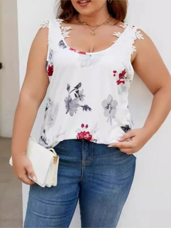 Plus Size Sleeveless Embroidery Patchwork Slip Summer Tops Women Flower Print Fashion Pleated Ladies Blouses Loose Woman Tops