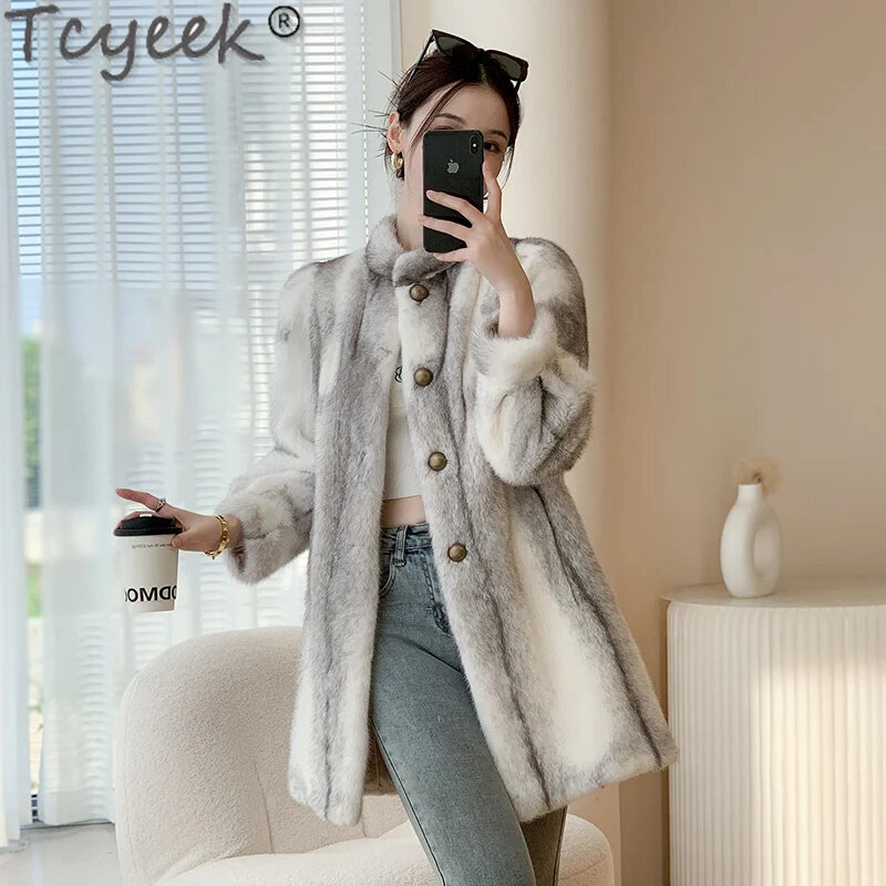 여성용 천연 Tcyek 크로스 밍크 모피 코트, 중간 길이 리얼 재킷, 따뜻한 겨울 패션 재킷, 2024 전체