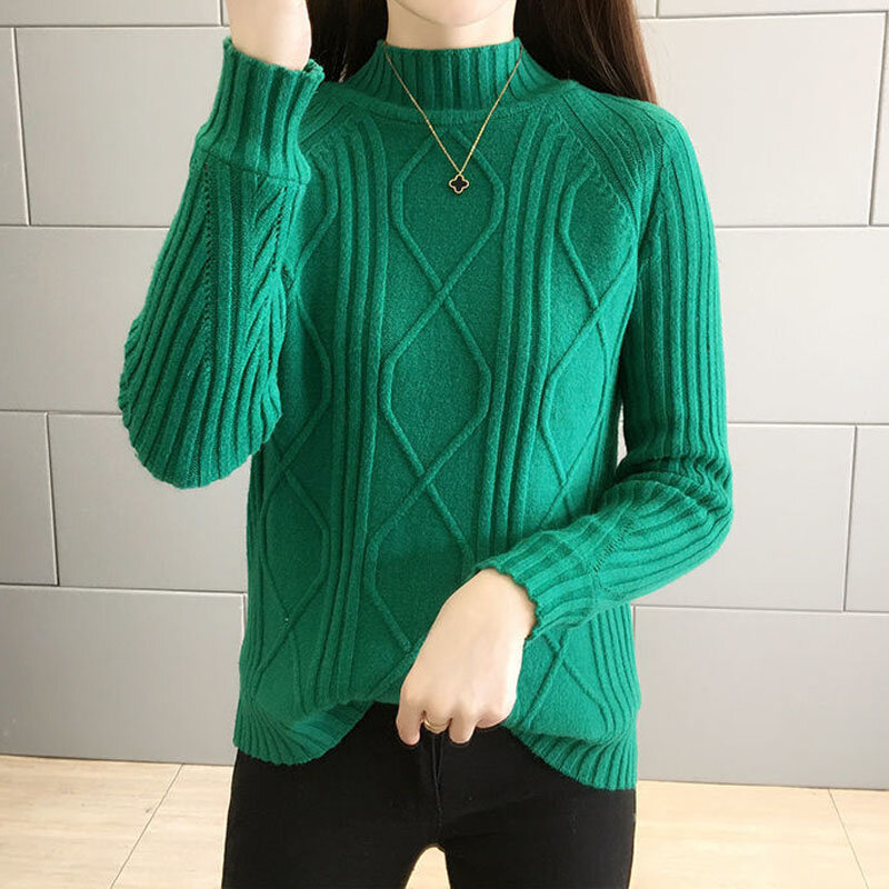 Autumn Winter Women's Solid Color Fleece Knitted Jumpers Office Lady Fashion Half High Collar Long Sleeve Warm Sweater Female
