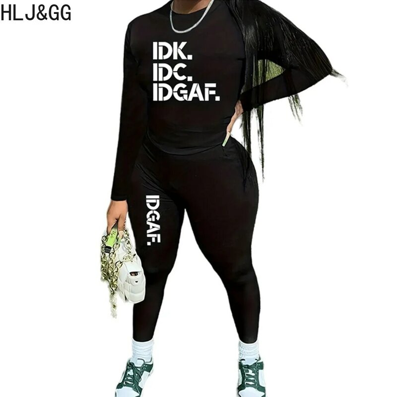 HLJ & GG-calças jogger estampadas com letras casuais para mulheres, conjuntos de 2 peças, gola redonda, top de manga comprida, roupas de calças magras, preto, 2024