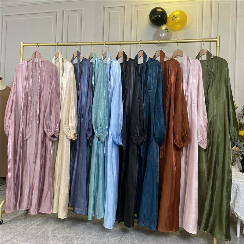 Muçulmano casual brilhante cetim cardigan robe, casaco do Oriente Médio, roupas de manga solta, monocromático, novo, 2021