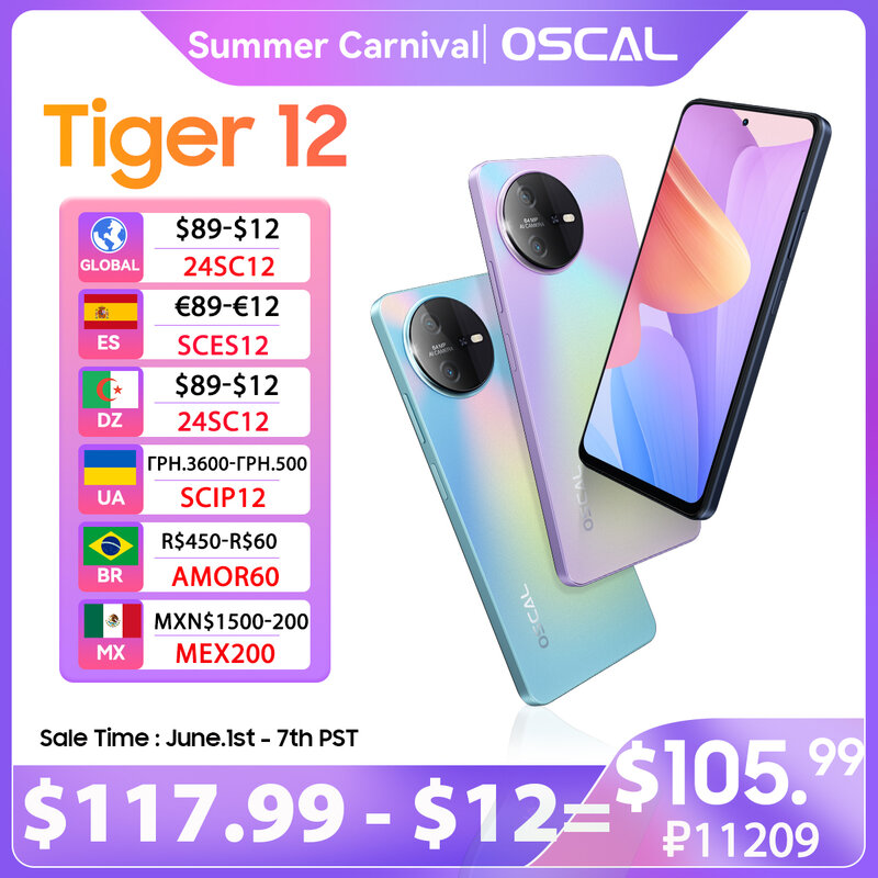 [Prima mondiale] OSCAL TIGER 12 Smartphone Android13 Helio G99 6.78 ''120Hz 2.4K Display 24GB 256GB 64MP 5000mAh cellulare NFC