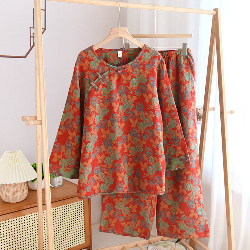 Nachtwäsche Damen Set Baumwolle Pyjama für Frauen Herbst neue Blumen Langarm Pyjama Femme 2024 Nachthemd Anzug für zu Hause