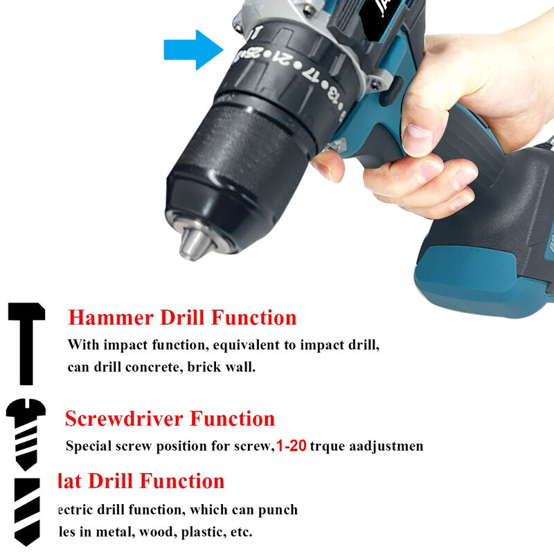 JAHUI 13mm 125N.m cordless Brushless Electric Impact Drill 35+3 Torque Electric Screwdriver For Makita 18V Battery Power Tools