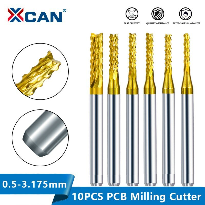 XCAN-PCB Fresa, CNC Milling Bit, Shank Carbide, End Mill para PCB Machine, 0.5-3.175mm, 10PCs, TiN revestido