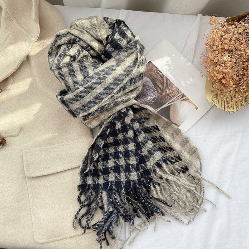 Women Thick Scarf Colorblock Scarf Stylish Winter Scarf for Women Thickened Warm Tassel Plaid Print Wide Long Design Windproof