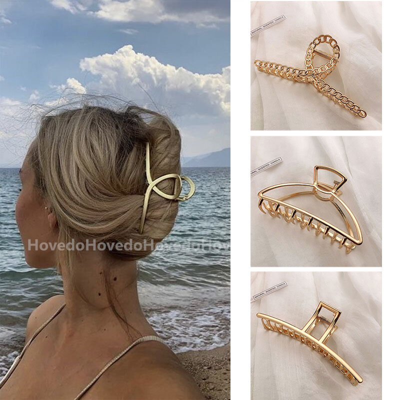 Ouro e prata oco geométrico cabelo clipes para mulheres, metal cabelo garra, cruz hairclip, headband, hairpin, caranguejo, acessórios de cabelo, moda