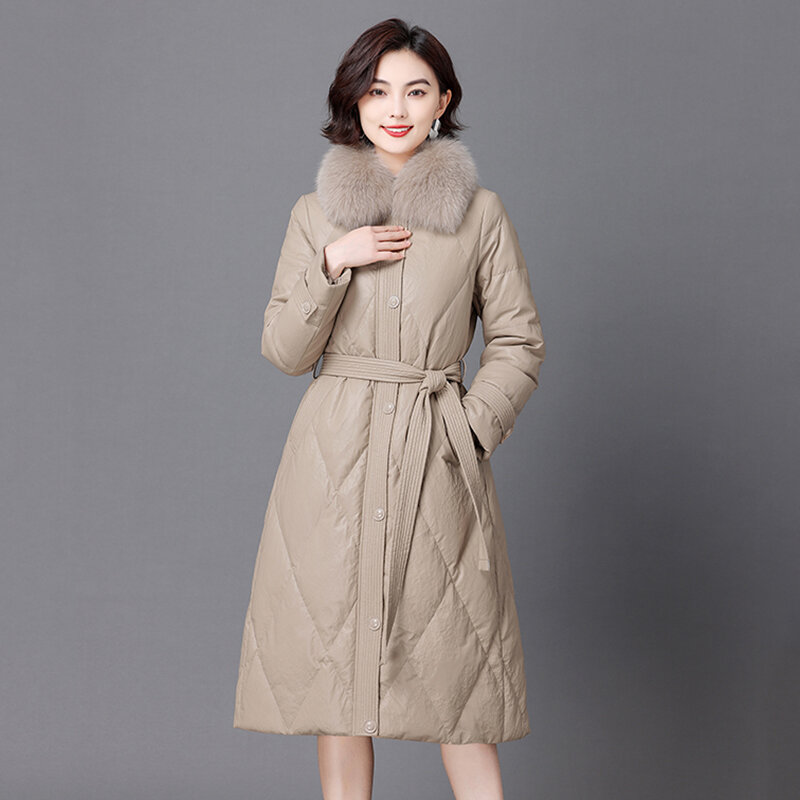 New Women Winter Leather Down Coat Fashion Warm Real Fox Fur Collar Sheepskin Down Jacket Casual Long Outerwear Split Leather