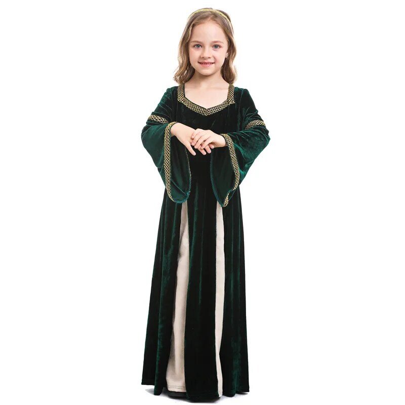 Dziecięca renesansowa piosenka kostiumowa średniowiecznej dziewczyny i dramat taneczny kostium sceniczny ciemnozielona rozkloszowany rękaw długa sukienka