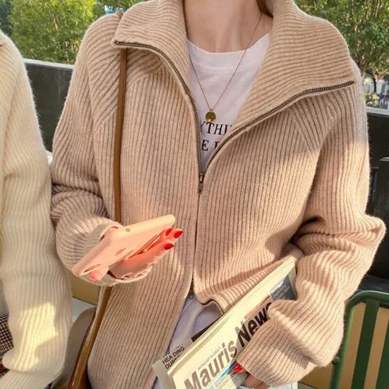 Koreańskie swetry rozpinane dla kobiet, młode, ciepłe miękka, wiosenna, jesienna odzież na zamek błyskawiczny niszowy dziewczęcy jednolity kolor, długi rękaw