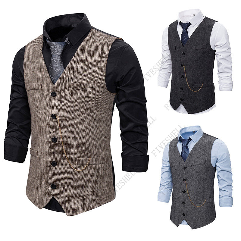 Fashion Herringbone Tweed Vest Men Gilet Costume Homme Business Casual Sleeveless Vest Waistcoat Men Wedding Tuxedo Vest Male
