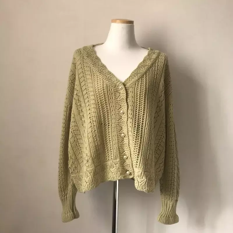Sexy Knit Tops Women Low V-Neck Long Sleeve Spring Summer Sweater and Cardigans Loose White Hollow Out Cardigan Tops 2021 New