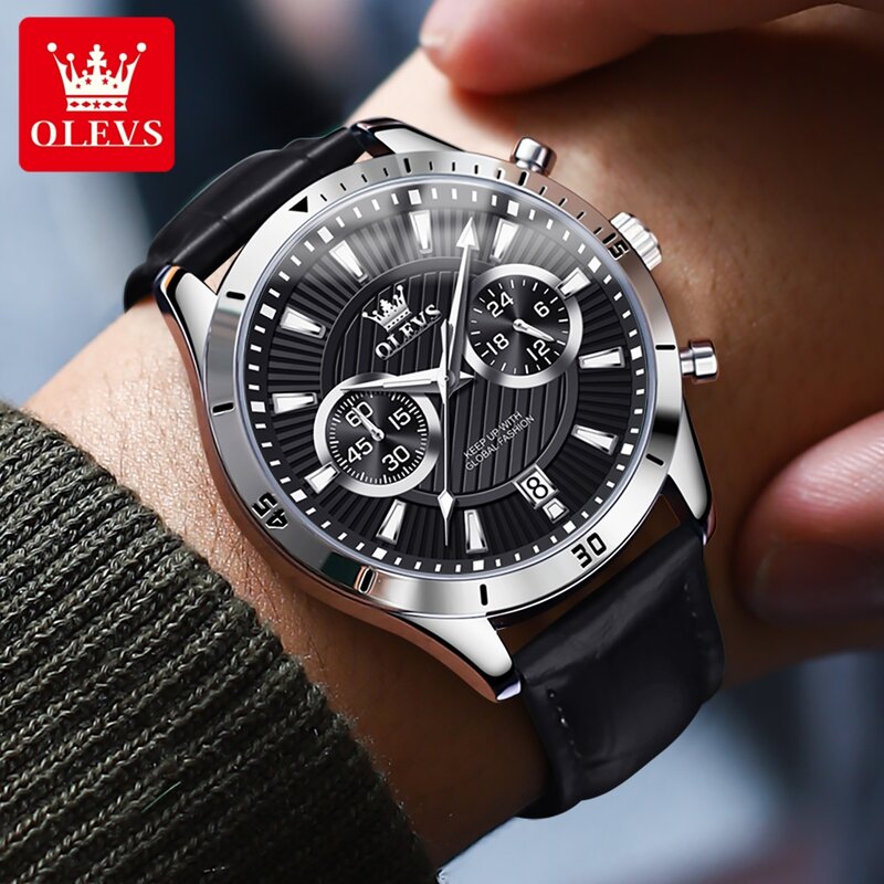 Olevs-メンズトレンドクロノグラフクォーツ時計、レザーストラップ、カレンダー、防水、男性用発光時計、オリジナルブランド