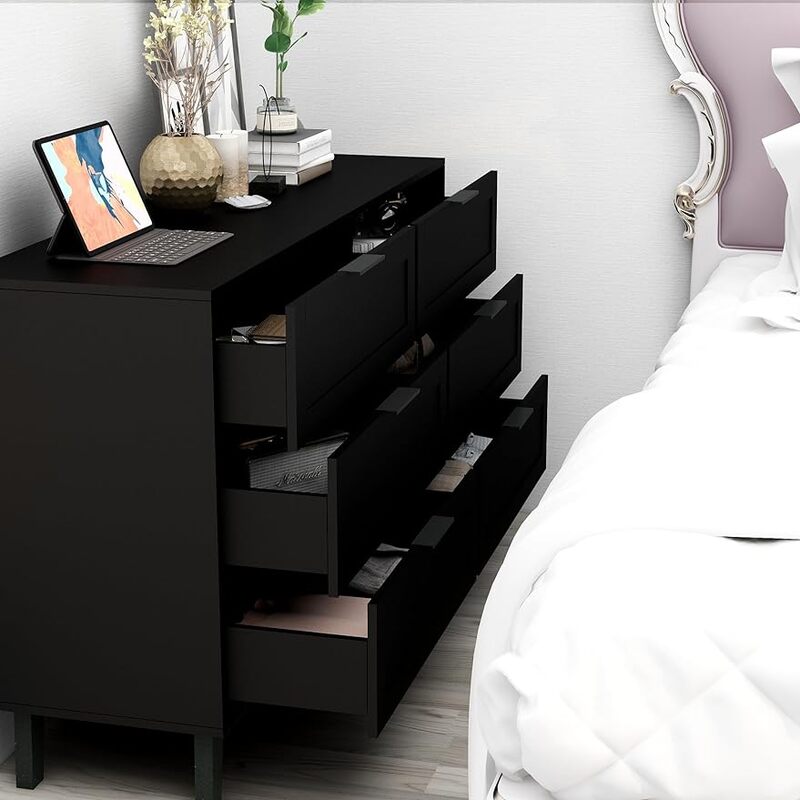 Cómoda negra moderna para dormitorio, mueble de madera para guardería, vestidores horizontales y cofres, 6 unidades