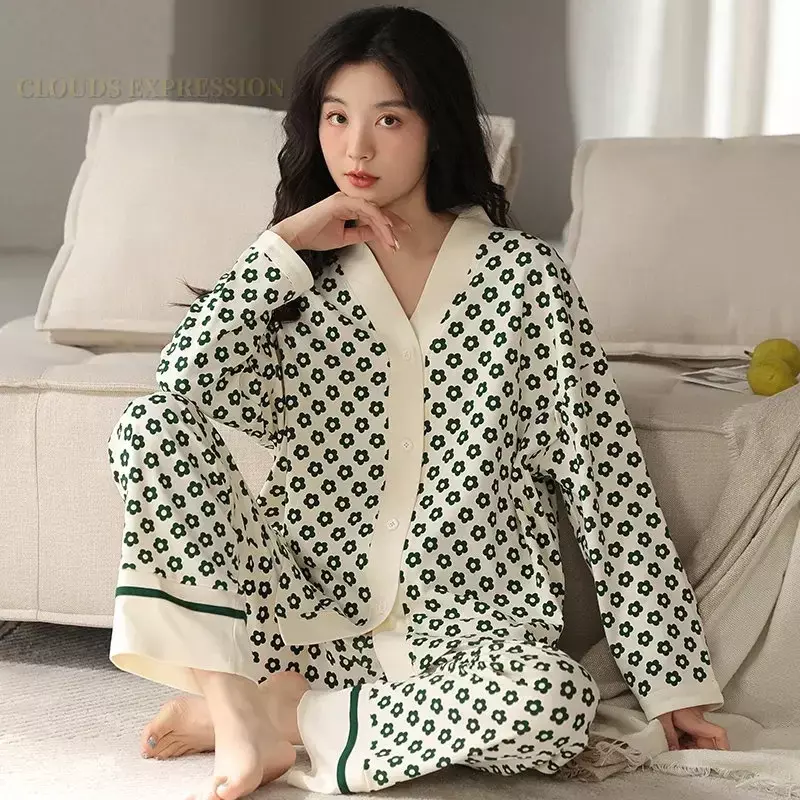 Pyjama élégant à col en V pour femmes et filles, vêtements de nuit, vêtements de détente, kimono, maison, printemps, nouveau