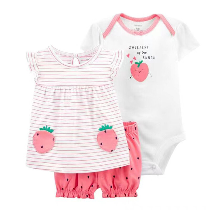 Summer Baby Girls Clothes Set Cotton Flower Fashion Infant Outfits Short Sleeved Bodysuit Shorts 3Pcs kids Clothing 6-24 Months