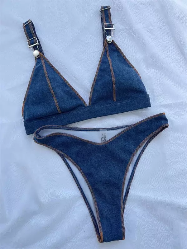 Seksowne dżinsowe niebieskie zestawy bikini damskie brazylijskie pływanie strój kąpielowy kobiece wakacje regulowane szelki stroje kąpielowe oddzielne stringi