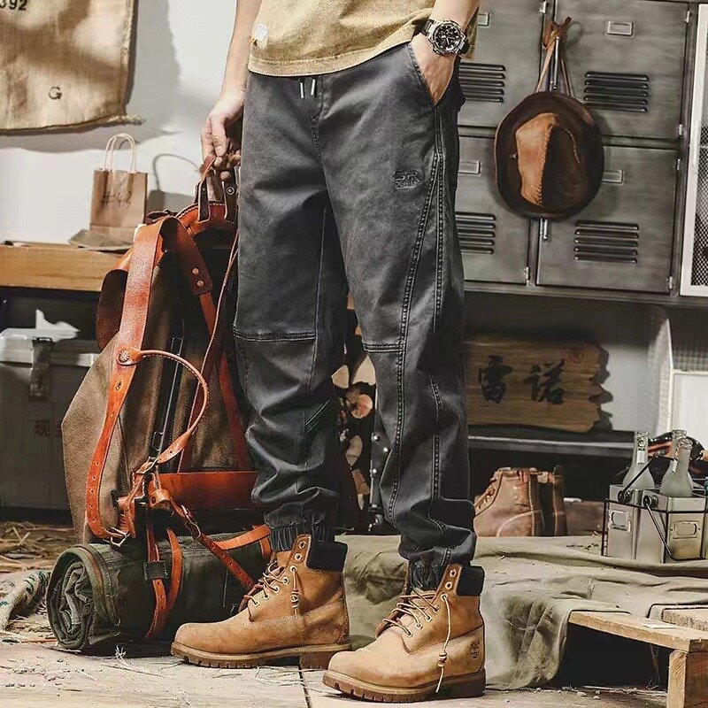 Spodnie robocze w stylu Vintage z luźny krój dla mężczyzn Plus rozmiar 2024 wiosna na co dzień jeansów jednolite kolory designerskie spodnie spodnie z paskiem na kostce