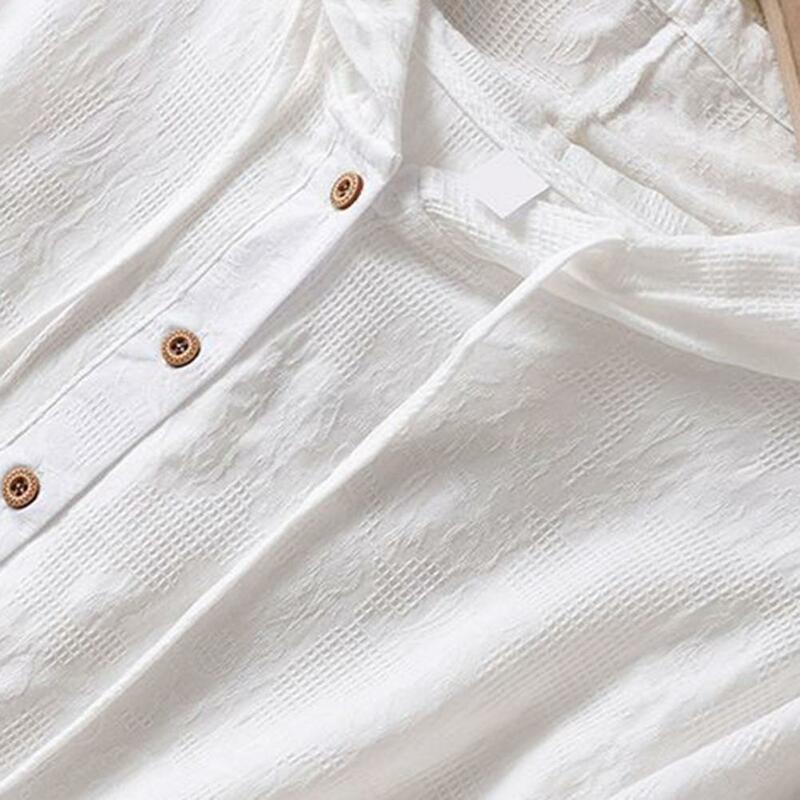 Camiseta con capucha para mujer, jersey de manga corta con botones y media tapeta, Tops de Color sólido con cordón, camiseta fina holgada de verano 2024