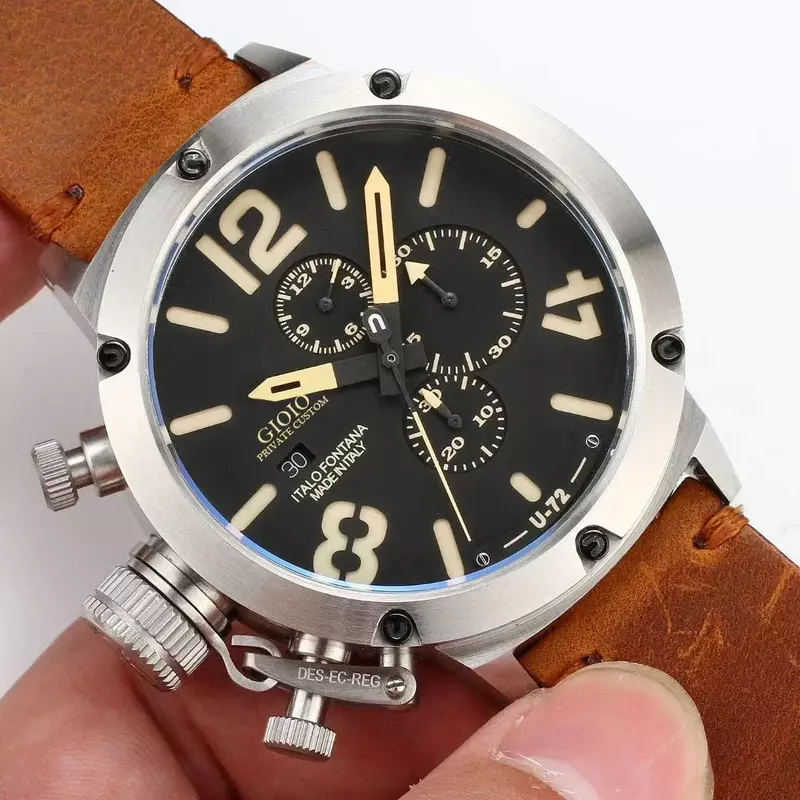 Luxury New Quartz Chronograph Men U watch U72 Stainless Steel Brown Black Leather Boat Watches