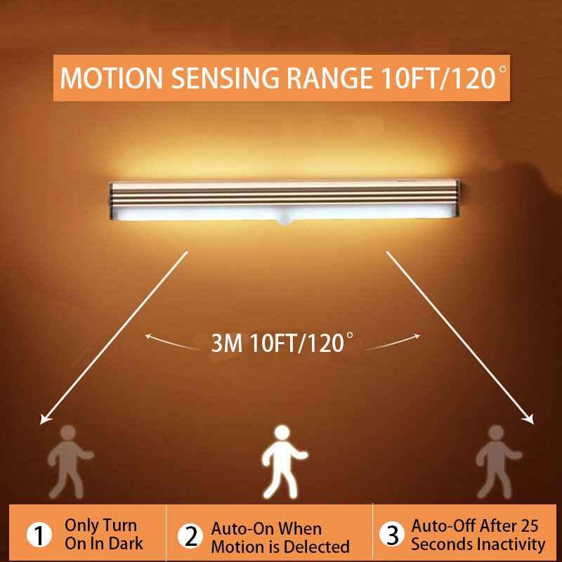 Sensor de movimento Luz noturna LED sem fio, Lâmpada recarregável tipo C, Lâmpada para armário, Retroiluminação de escada para cozinha