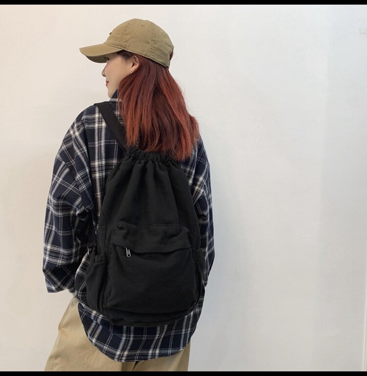 Girl Solid Color Retro Style Canvas Korean Casual Women Backpack Harajuku High School Students Washed Canvas Drawstring Backpack