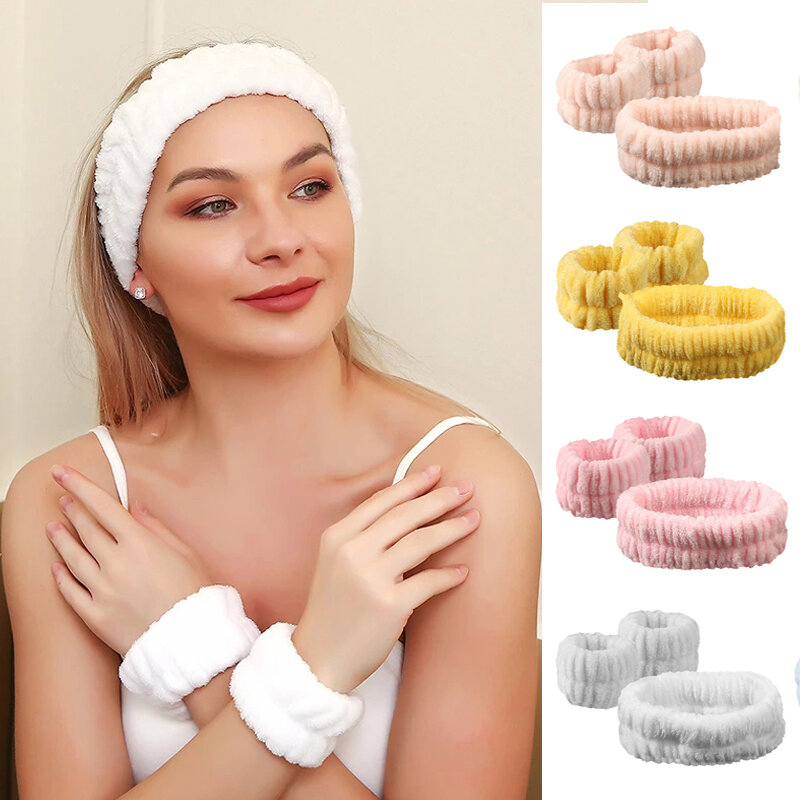 Juego de diademas de lana Coral para lavado de cara, muñequeras absorbentes de microfibra para Spa, Yoga, maquillaje Facial, diadema para mujer