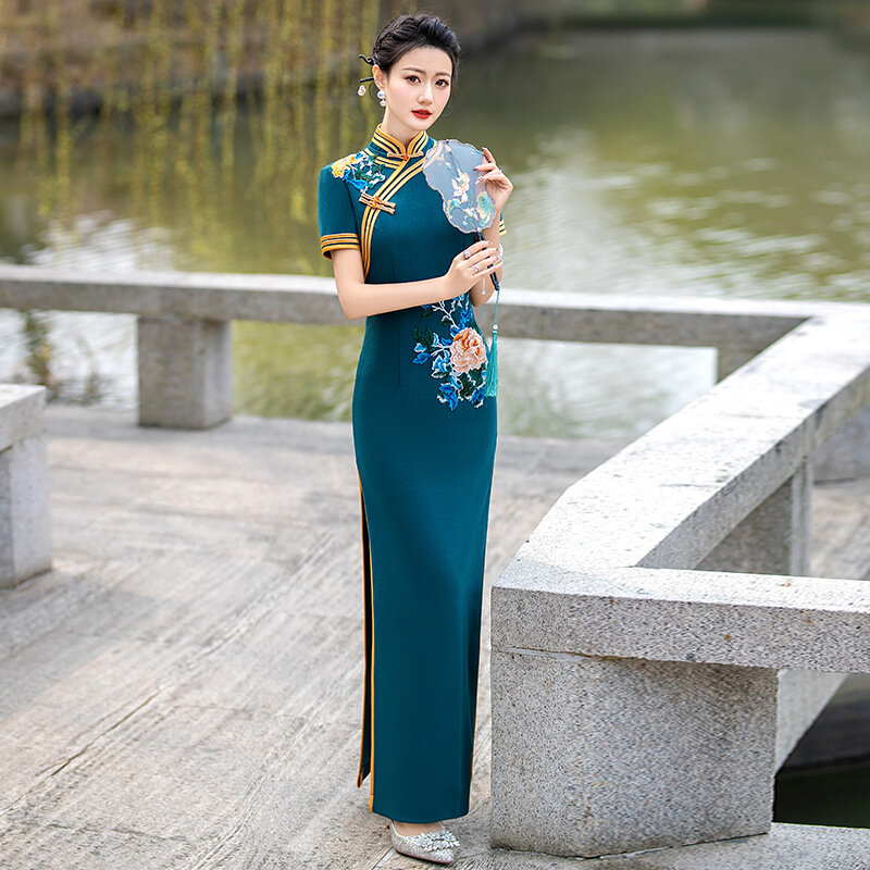 우아한 여성 긴 중국 전통 치파오 섹시한 슬림 치파오, 새틴 이브닝 파티 원피스, 어머니 공연 의상, 2024 신상