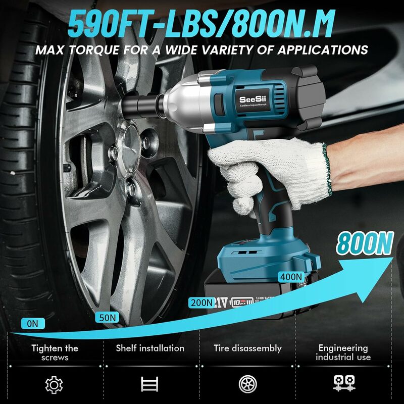 Seesii Cordless Electric Impact Wrench 1/2 inch for Car Home, 580Ft-lbs(800N.m) Brushless