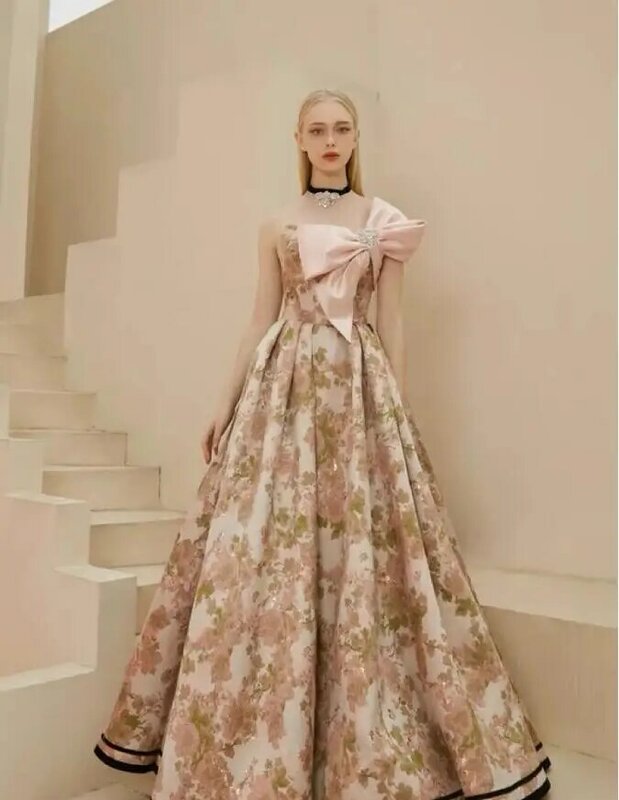Lindo vestidos de noite sem alças floral impressão estilo francês com arco colar de cristal de fadas a linha vestido de festa de formatura 2022