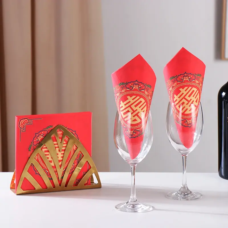Guardanapos coloridos Double Happiness Papel de tecido impresso Copos de vinho de casamento Papel arranjo de flores, vermelho chinês, 2 Pl, 20pcs por pacote