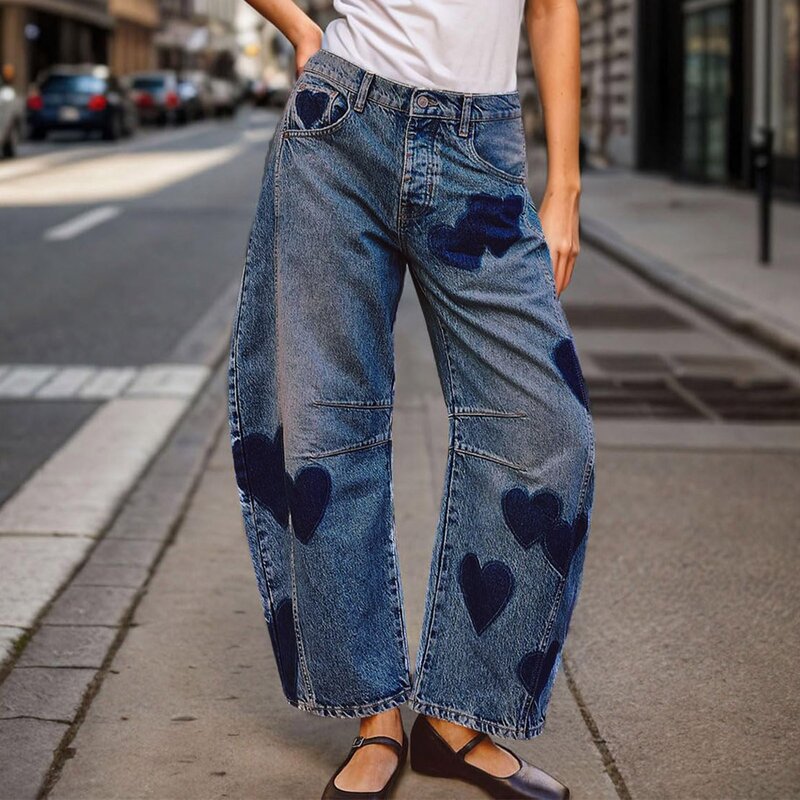 Celana panjang Jeans Y2k wanita berpola cinta musim semi musim gugur celana panjang kaki lebar Denim gadis remaja modis baru